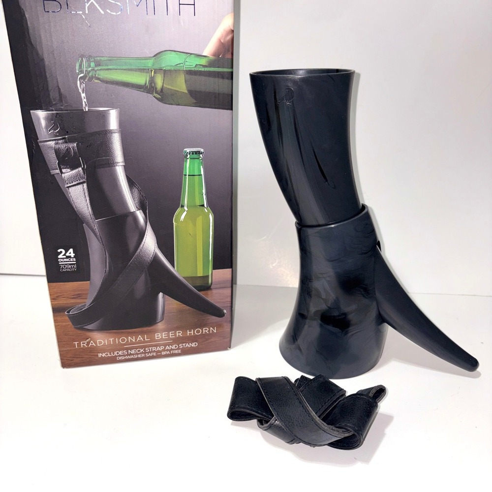 BLKSMITH Traditional Beer Horn 24oz with Stand and Neck Strap Black Marble NEW